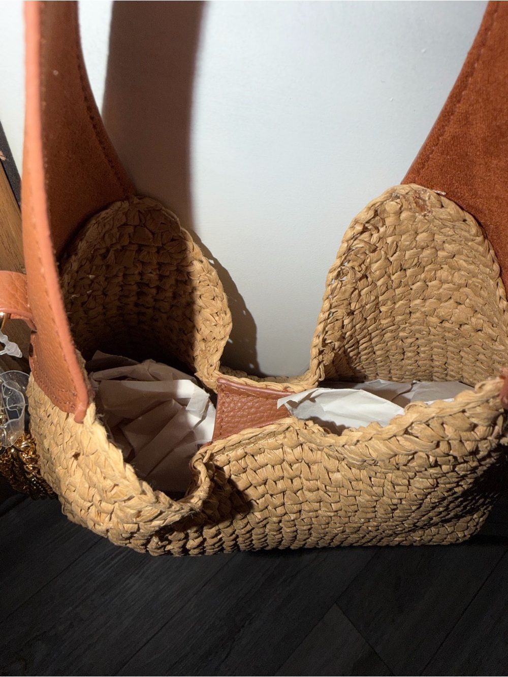 Woven Straw Hobo Tote with Brown Leather Trim - Picture 3 of 10